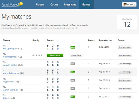 my matches and scores tennis round